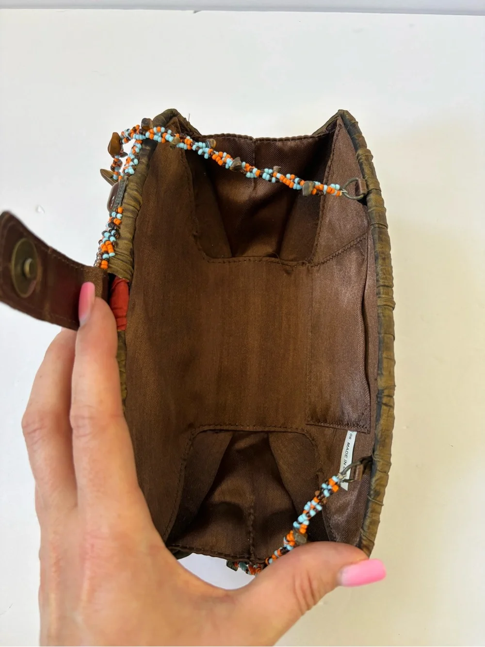 VNTG Mary Frances‎ Ember Oracle Beaded Ruffle Clutch Bag Artsy Brown Satin Fairy